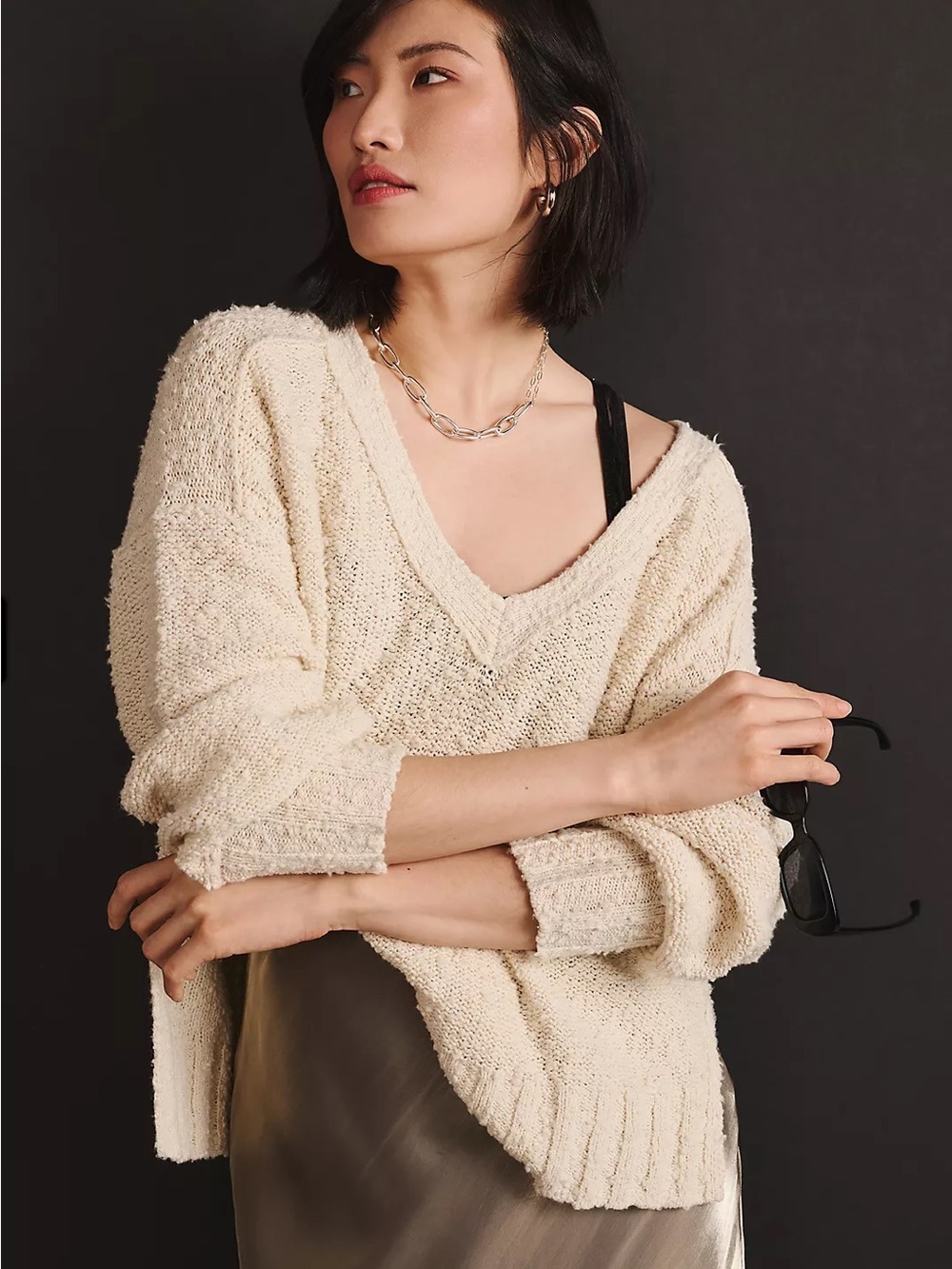 Anthropologie Pilcro Textured V-Neck Sweater Size M Cozy Chic Boho Coastal 90s